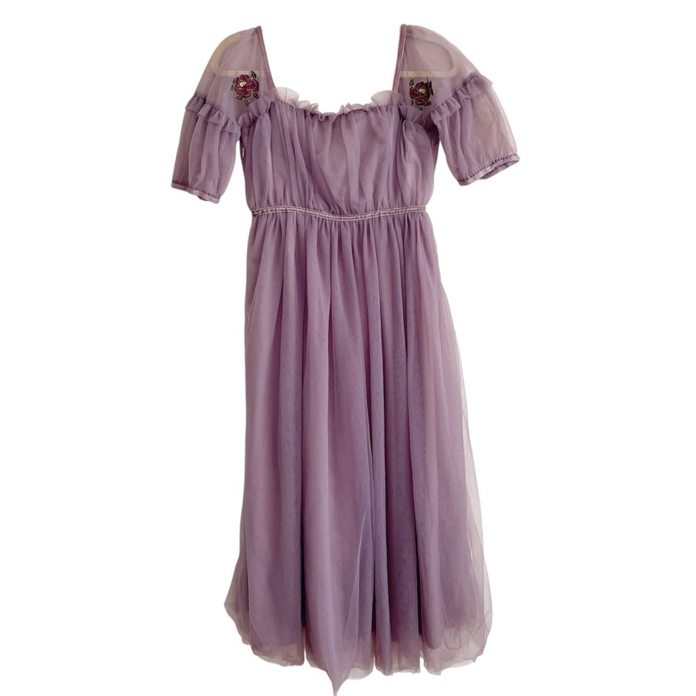 Lavender Off-Shoulder Maxi Dress with Sheer Puff Sleeves